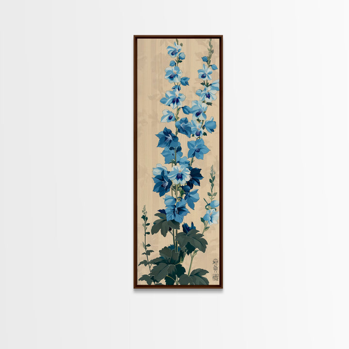 Tall Blue Delphinium Flowers Against Beige Background Ukiyo-e Wood Block Print Framed Canvas Print