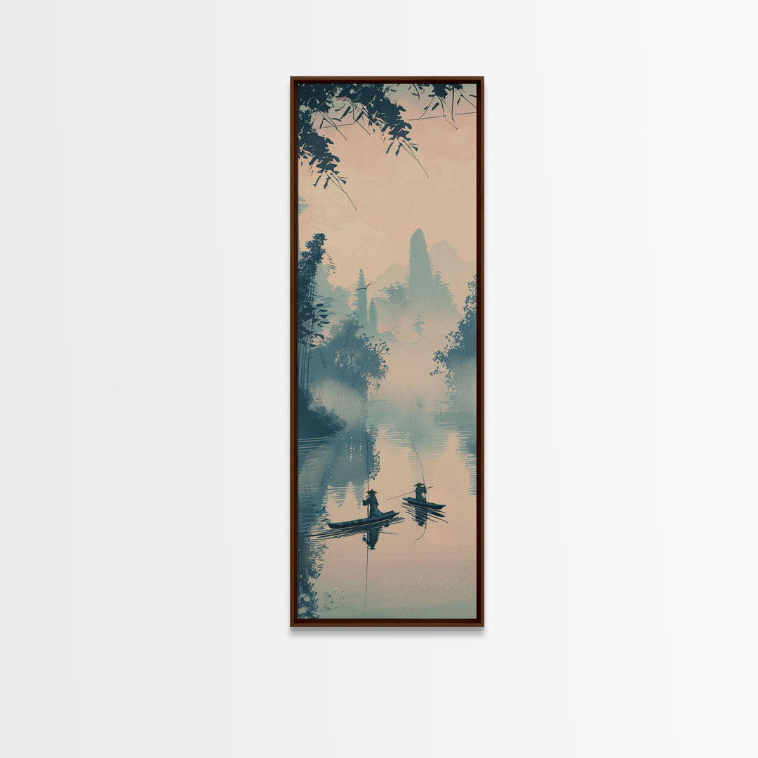 Tranquil Fishermen In Early Morning Misty Lake Scene Ukiyo-e Wood Block Skinny Tall Framed Canvas Print Japanese Style Art