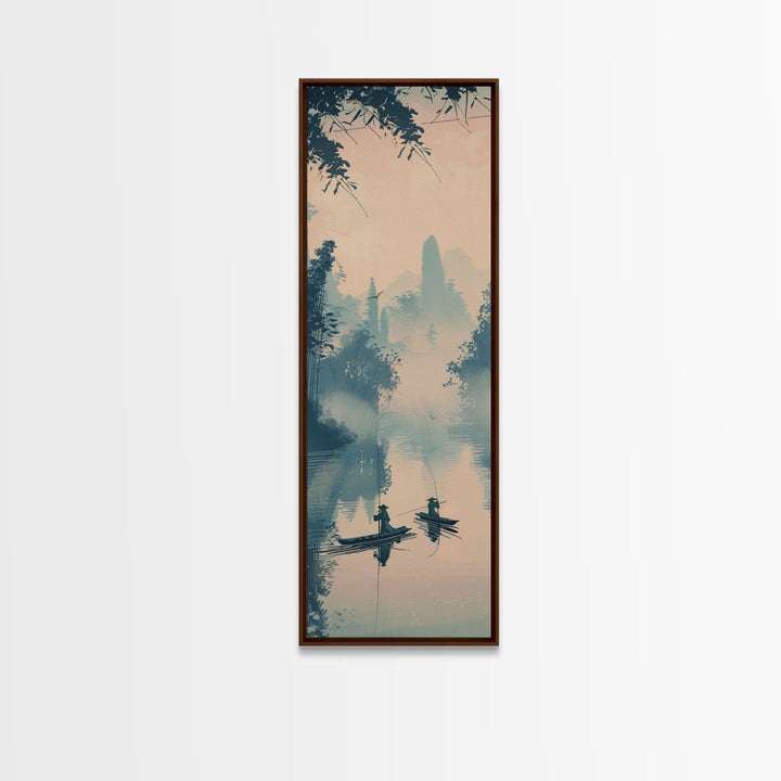 Tranquil Fishermen In Early Morning Misty Lake Scene Ukiyo-e Wood Block Skinny Tall Framed Canvas Print Japanese Style Art