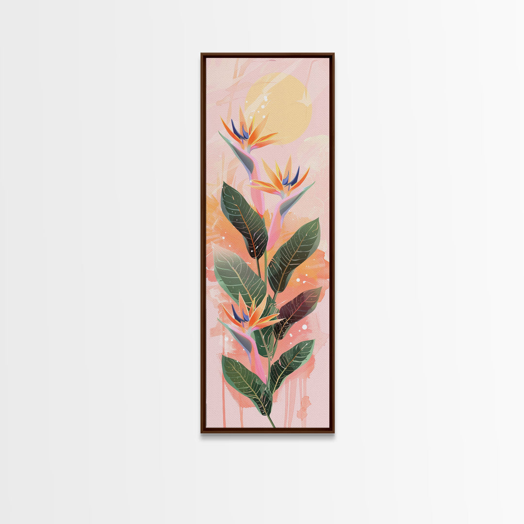 Vibrant Bird Of Paradise Flowers Against Soft Pastel Background Ukiyo-e Style Skinny Tall Wood Block Framed Canvas Print