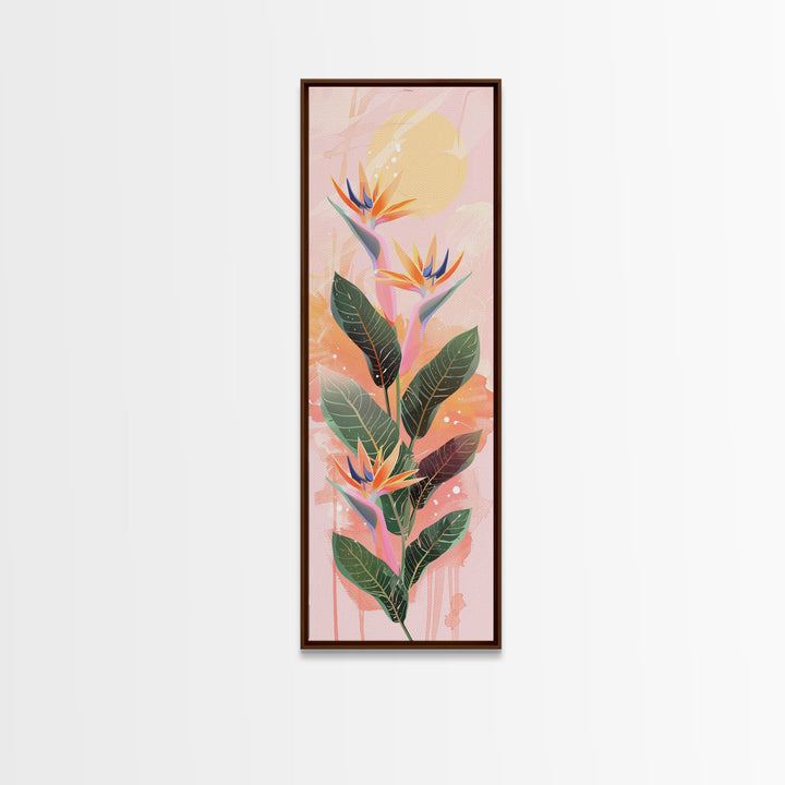 Vibrant Bird Of Paradise Flowers Against Soft Pastel Background Ukiyo-e Style Skinny Tall Wood Block Framed Canvas Print