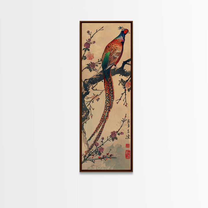 Vibrant Pheasant Perched On Flowering Branch For Traditional Japanese Art Wall Decor Framed Canvas Print