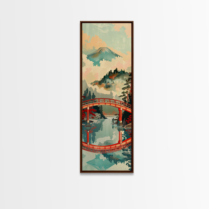 Stunning Mount Fuji With Red Bridge Reflection, Skinny Tall Framed Canvas Print, Feng Shui-Inspired Japanese Style Art For Wall Art