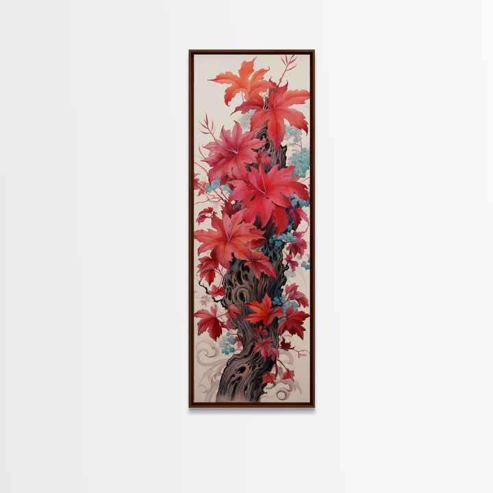 Vibrant Red Leaves On A Gnarled Tree Trunk, Tall Skinny Canvas Print For Feng Shui Decor, Japanese Style Wall Art