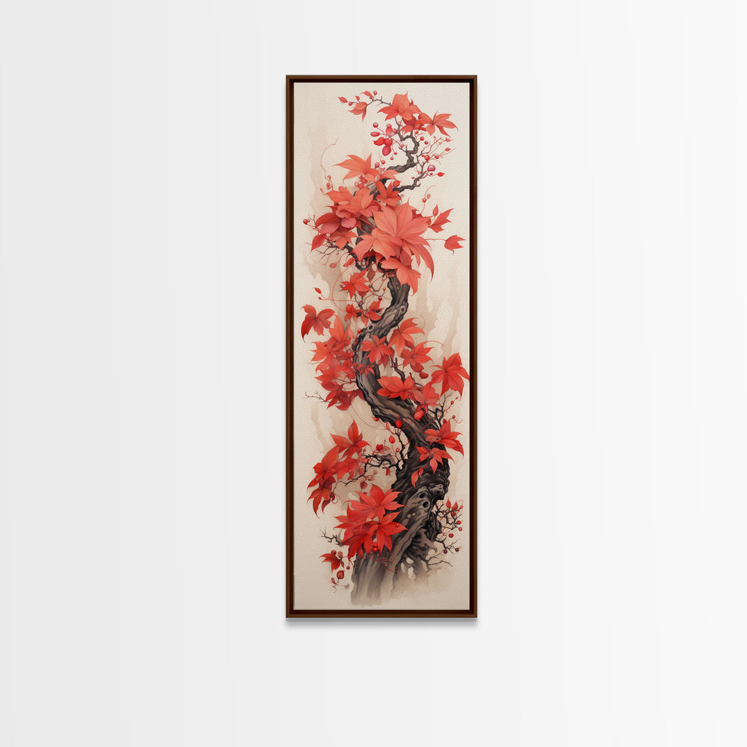 Twisting Red Vine With Autumn Berries, Skinny Tall Canvas Art Perfect For Feng Shui-Inspired Japanese Style Wall Art