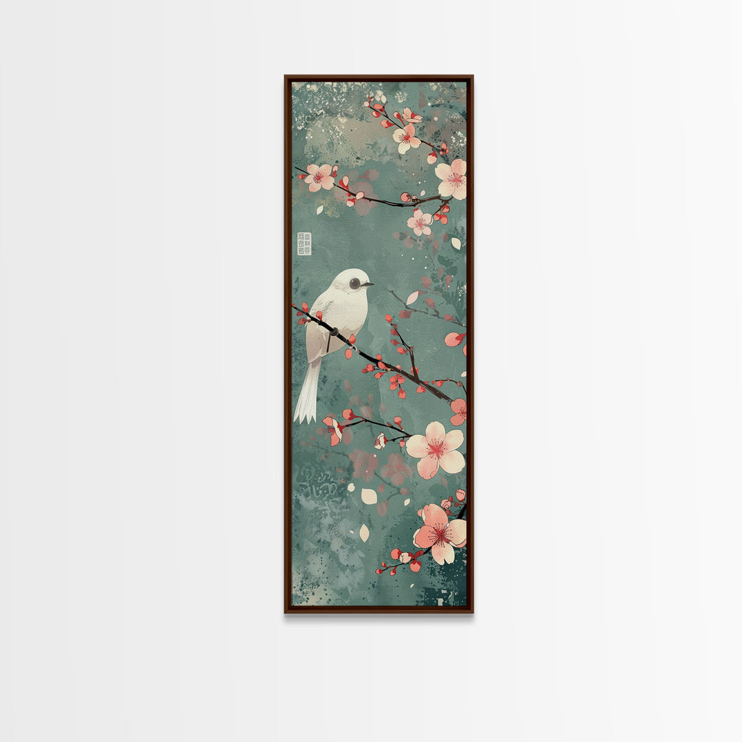 White Bird Perched On A Branch With Blossoms – Framed Canvas Print Combining Skinny Art And Tall Art Inspired By Ukiyo-E Art And Japanese Style Art