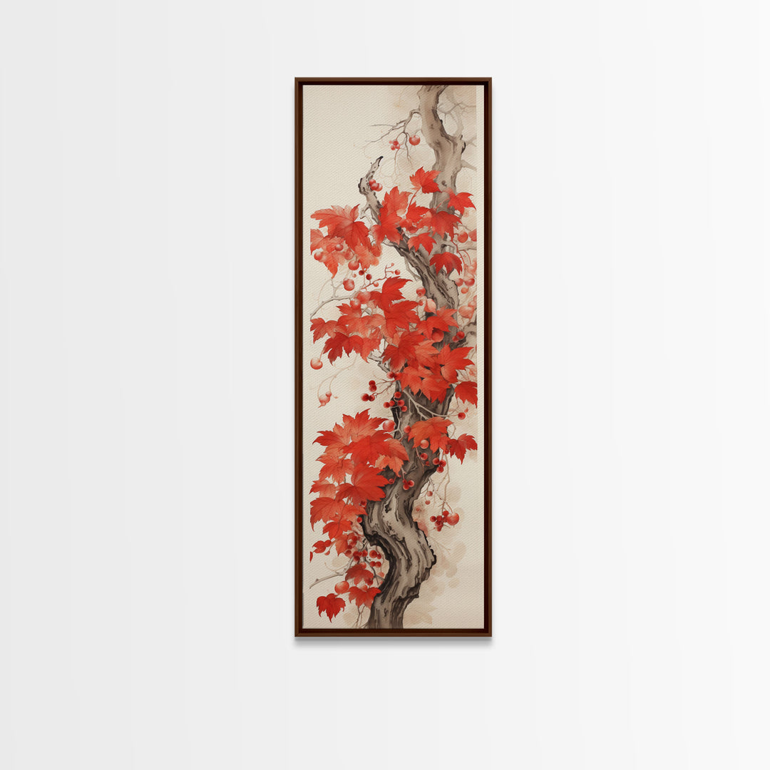 Striking Red Leaves And Berries On A Gnarled Tree, Tall Skinny Canvas Print For Feng Shui-Inspired Wall Art, Japanese Style Art