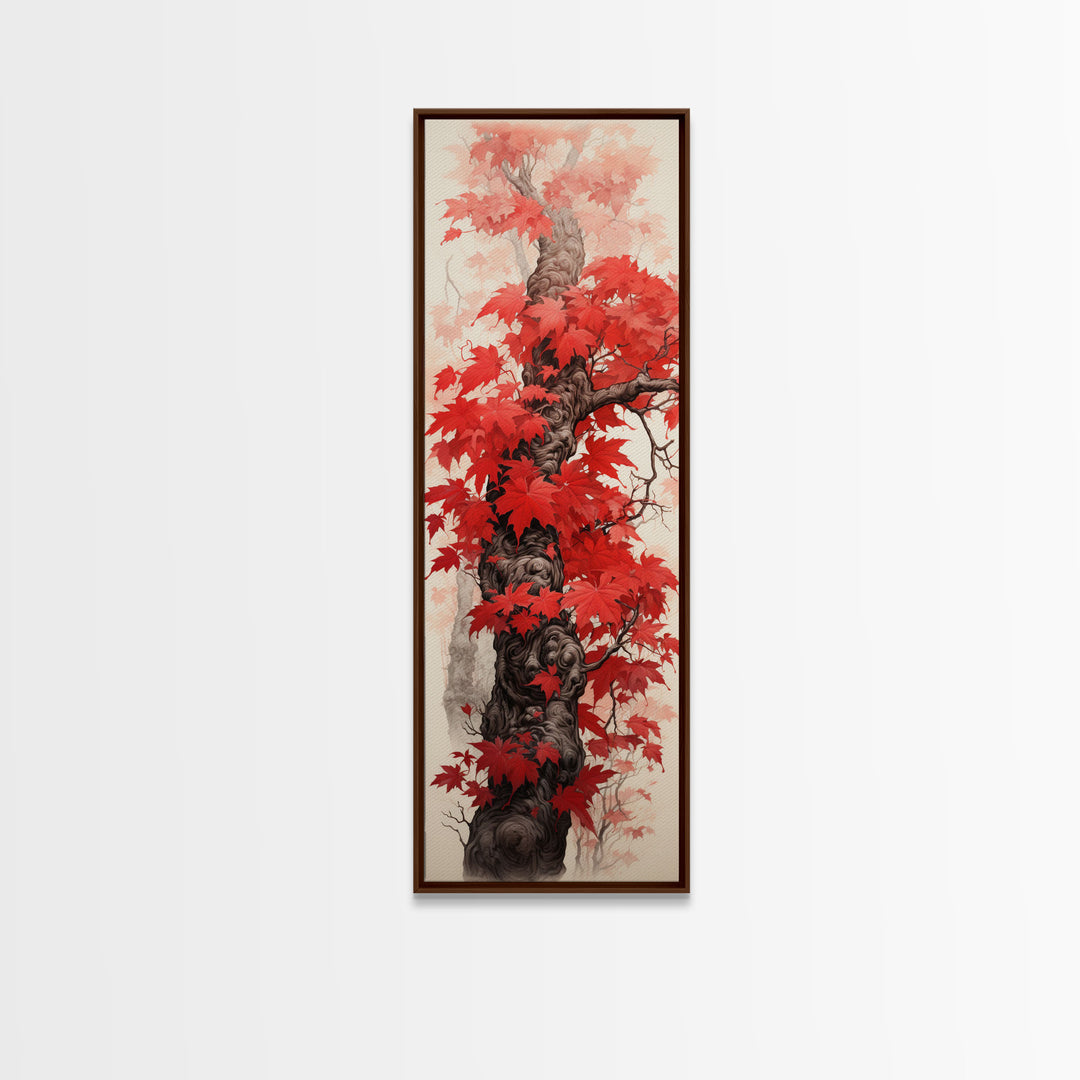 Skinny Art Tall Art Framed Canvas Print Japanese Style Art Wood Block Print Red Maple Leaves Tree Trunk Ukiyo-e Feng Shui Wall Art