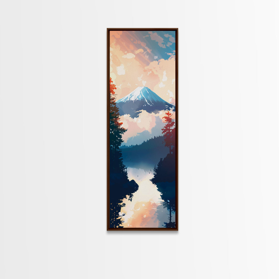 Skinny Art Tall Art Framed Canvas Print Japanese Style Art Mount Fuji At Sunrise Reflection Wood Block Print Ukiyo-e Feng Shui Wall Art