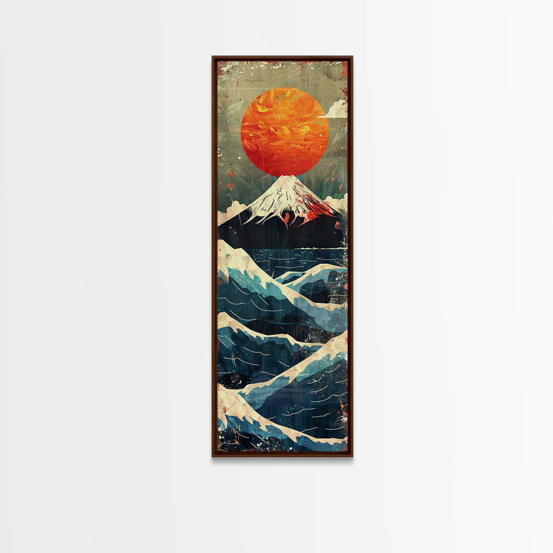 Skinny Art Tall Art Framed Canvas Print Japanese Style Art Mount Fuji Sunset Wood Block Print Ukiyo-e Feng Shui Wall Art