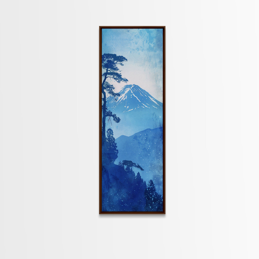 Skinny Art Tall Art Framed Canvas Print Japanese Style Art Blue Mount Fuji Forest Wood Block Print Ukiyo-e Feng Shui Wall Art