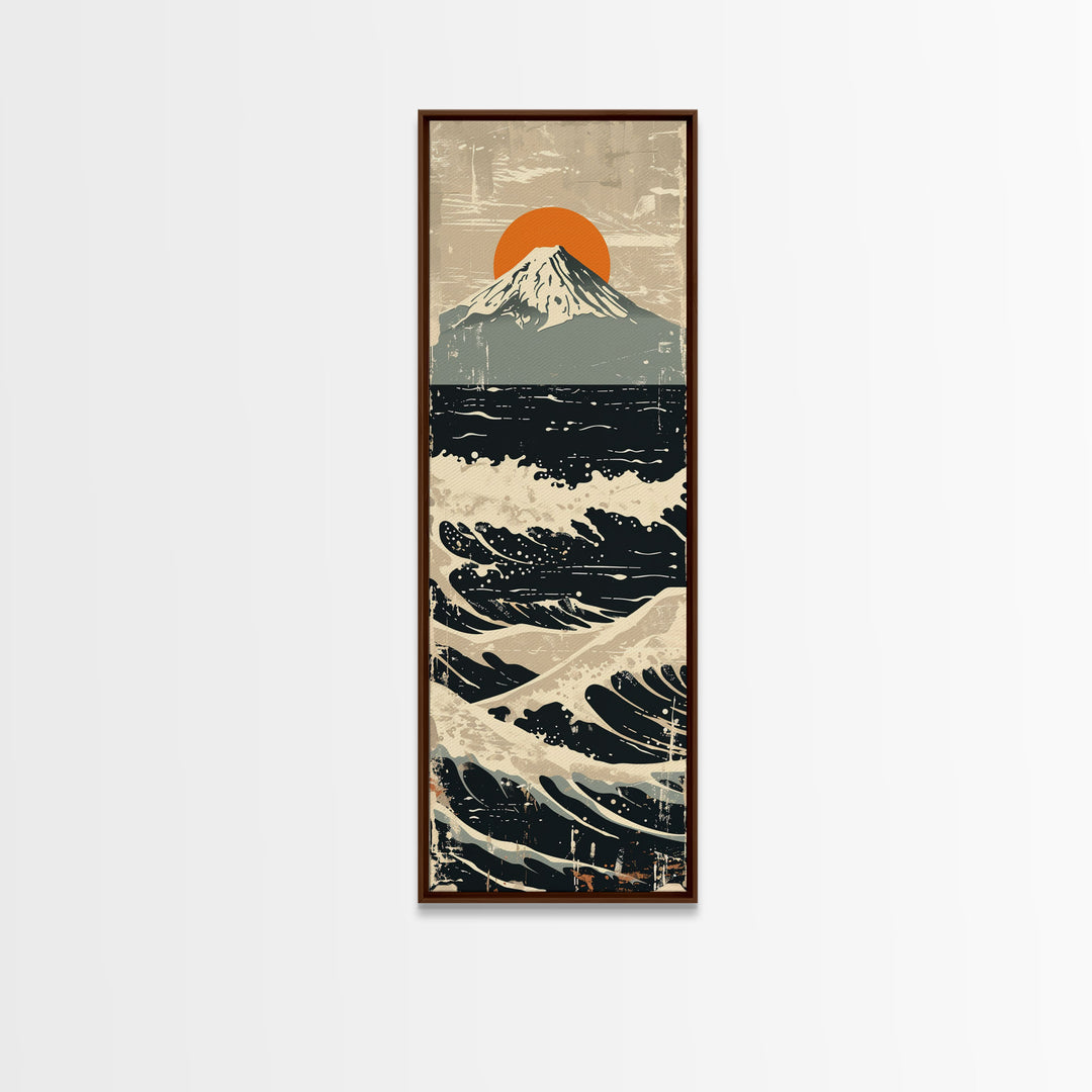 Skinny Art Tall Art Framed Canvas Print Japanese Style Art Vintage Mount Fuji Sun And Waves Wood Block Print Ukiyo-e Feng Shui Wall Art