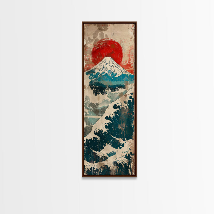 Skinny Art Tall Art Framed Canvas Print Japanese Style Art Retro Red Sun Mount Fuji Wood Block Print Ukiyo-e Feng Shui Wall Art