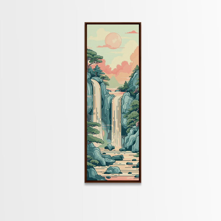 Waterfall With Scenic Landscape - Skinny Art Tall Art Framed Canvas Print Japanese Style Art Ukiyo-e Art