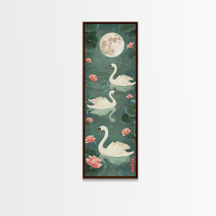 Swans Floating Gracefully Under The Full Moon In Japanese Style Ukiyo-e Art Framed Canvas Print Skinny Art Tall Art