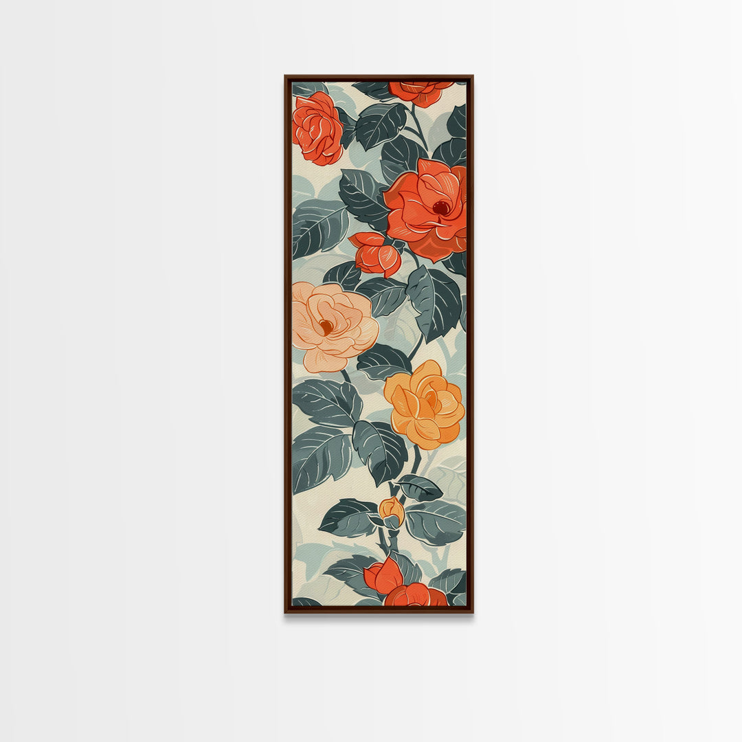 Vibrant Red And Orange Roses In Japanese Style Ukiyo-e Art Framed Canvas Print Skinny Art Tall Art