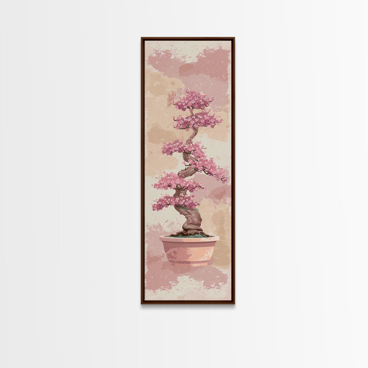 Tall Skinny Art Japanese Style Wood Block Print Potted Bonsai Tree On A Textured Background In Ukiyo-e Style For Framed Canvas Print