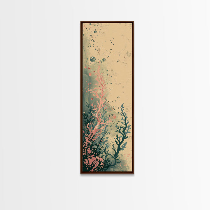 Tall Skinny Art Japanese Style Wood Block Print Abstract Seaweed In Soft Hues For Framed Canvas Print In Ukiyo-e Style