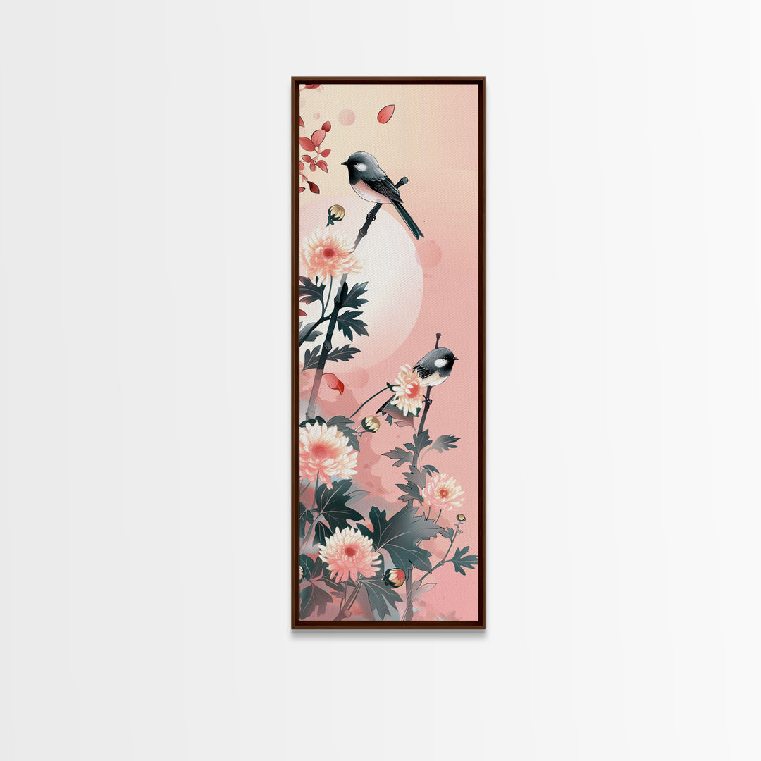 Tall Skinny Art Japanese Style Wood Block Print Birds On Branches Against A Soft Background For Framed Canvas Print In Ukiyo-e Style