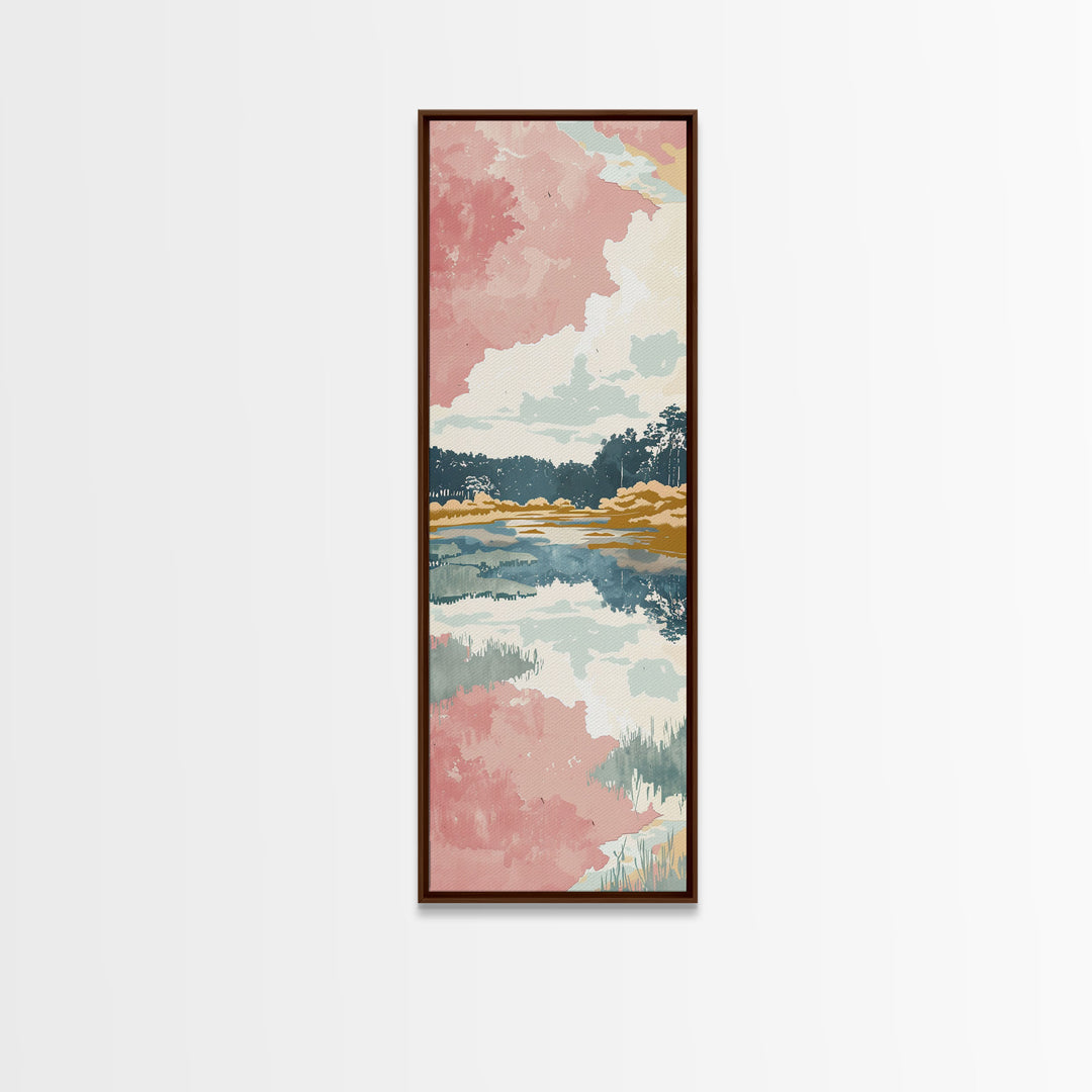 Tall Skinny Art Japanese Style Wood Block Print Serene Lake Scene With Pastel Reflections For Framed Canvas Print In Ukiyo-e Style