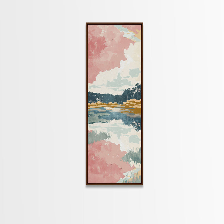 Tall Skinny Art Japanese Style Wood Block Print Serene Lake Scene With Pastel Reflections For Framed Canvas Print In Ukiyo-e Style