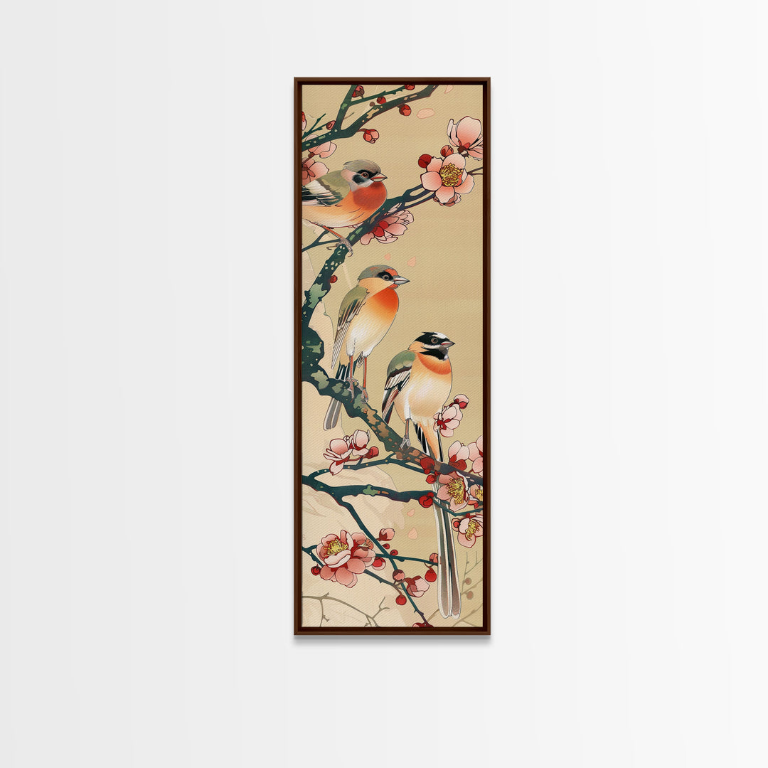 Tall Skinny Art Japanese Style Wood Block Print Vibrant Birds On Flowering Branches In Ukiyo-e Style For Framed Canvas Print