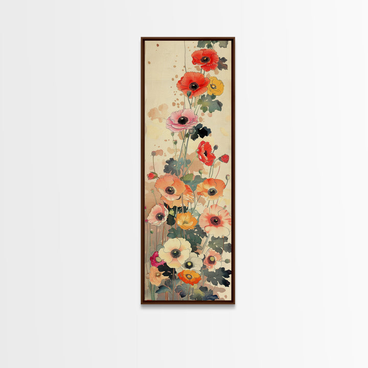 Tall Skinny Art Japanese Style Wood Block Print Colorful Poppy Flowers On A Neutral Background For Framed Canvas Print In Ukiyo-e Style