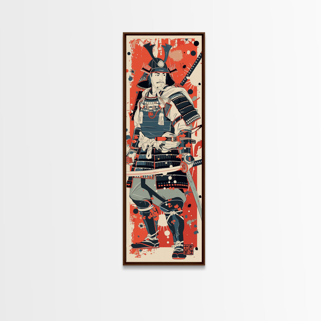 Tall Skinny Art Japanese Style Wood Block Print Samurai Warrior In Full Armor On A Red Background For Framed Canvas Print In Ukiyo-e Style