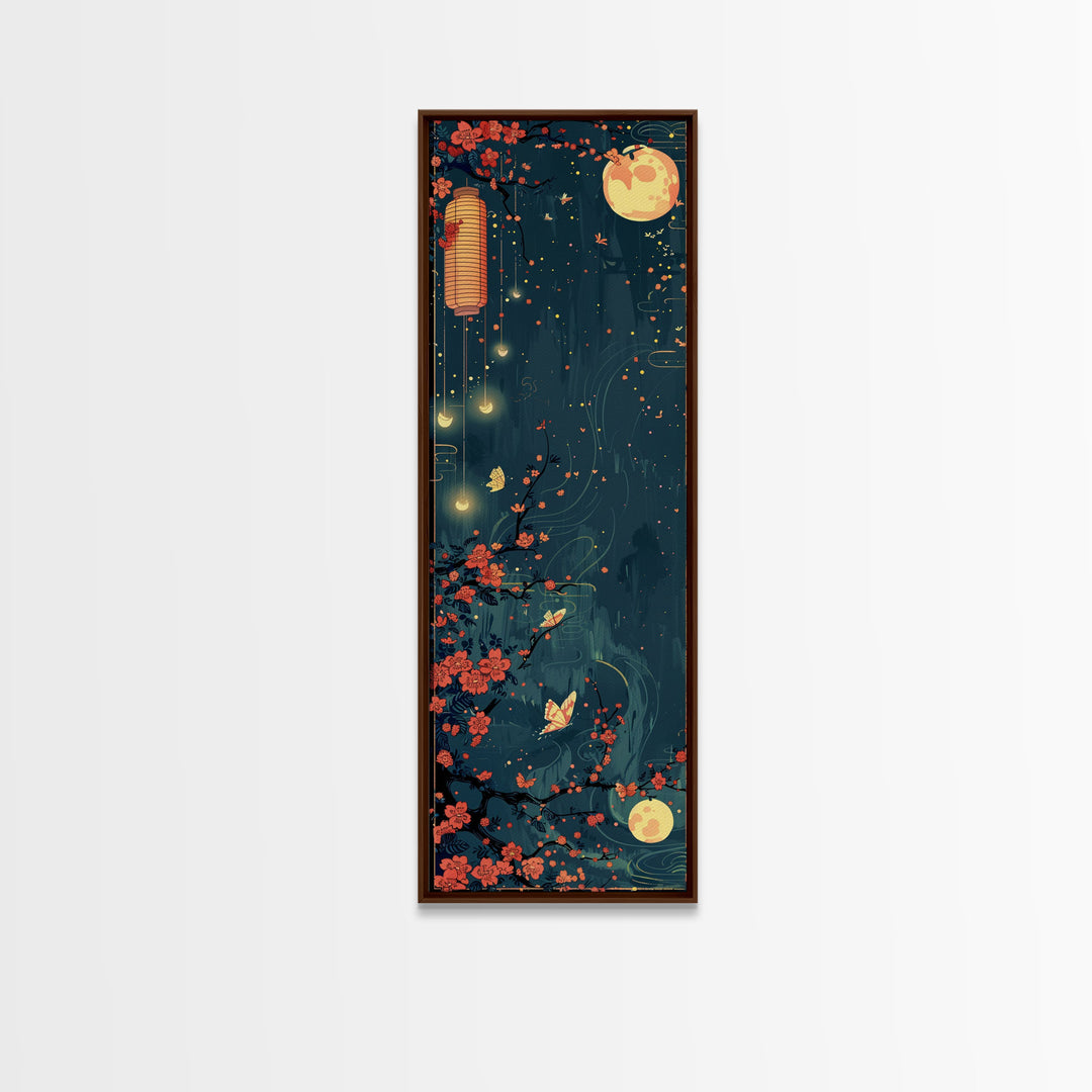 Tall Skinny Art Japanese Style Wood Block Print Night Scene With Lanterns And Cherry Blossoms For Framed Canvas Print In Ukiyo-e Style