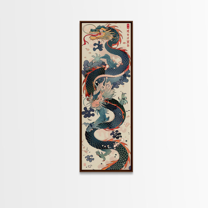 Tall Skinny Art Japanese Style Wood Block Print Dynamic Dragon In Traditional Colors On A Cream Background For Framed Canvas Print