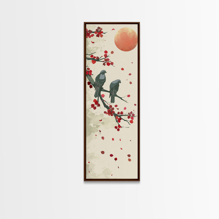 Two Pigeons On Branch With Red Leaves Skinny Art Wood Block Print Japanese Style Art Framed Canvas Print Tall Art Ukiyo-e Art