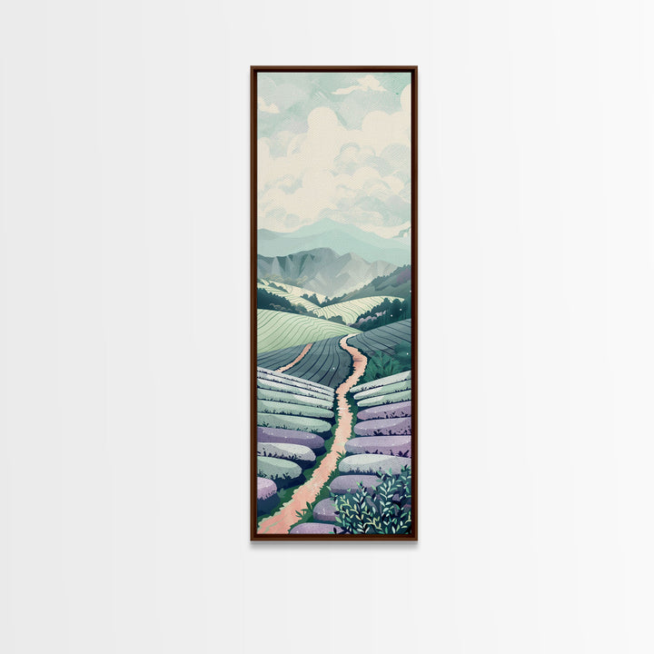 Tranquil Lavender Fields Skinny Art Tall Art Japanese Ukiyo-e Inspired Landscape Framed Canvas Print for Serene Living Spaces