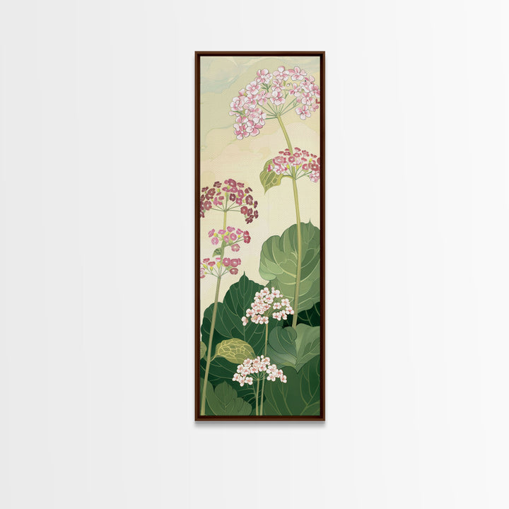 Towering Flower Stalks with Soft Green Leaves against a Pale Background - Skinny Art, Japanese Wall Decor, Framed Canvas Print, Ukiyo-e Style