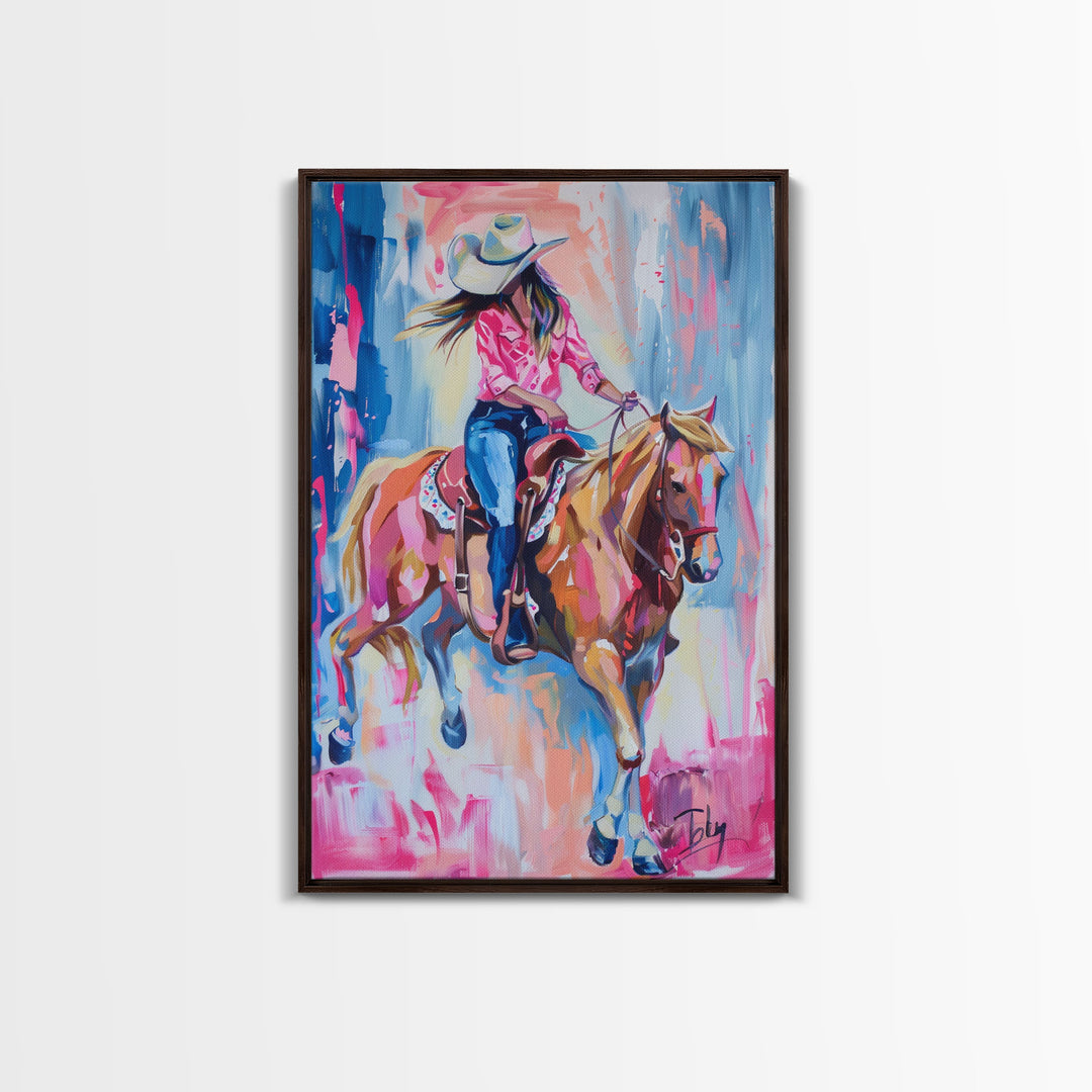 Stylish Cowgirl Riding Horse - Colorful Western Art, Framed Canvas Print, Living Room Decor, Cowgirl Painting, Vibrant Wall Art