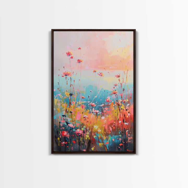 Abstract Floral Field at Sunset - Framed Canvas Print, Modern Living Room Art, Vibrant Bedroom Decor, Colorful Flower Art, Wall Art