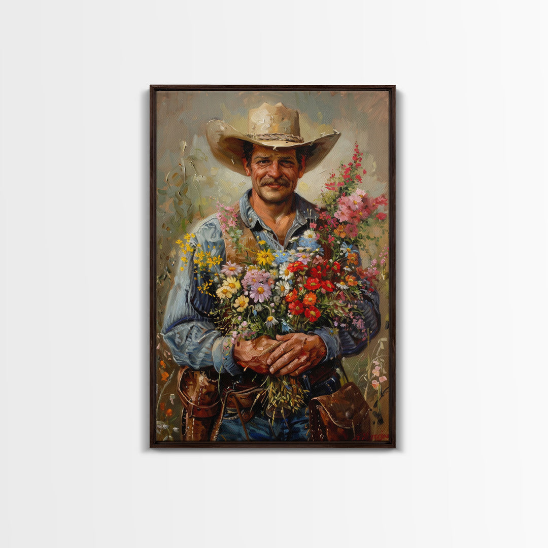 Smiling Cowboy with Flowers - Framed Canvas Print, Country Living Room Art, Rustic Bedroom Decor, Cowboy Art, Wall Art