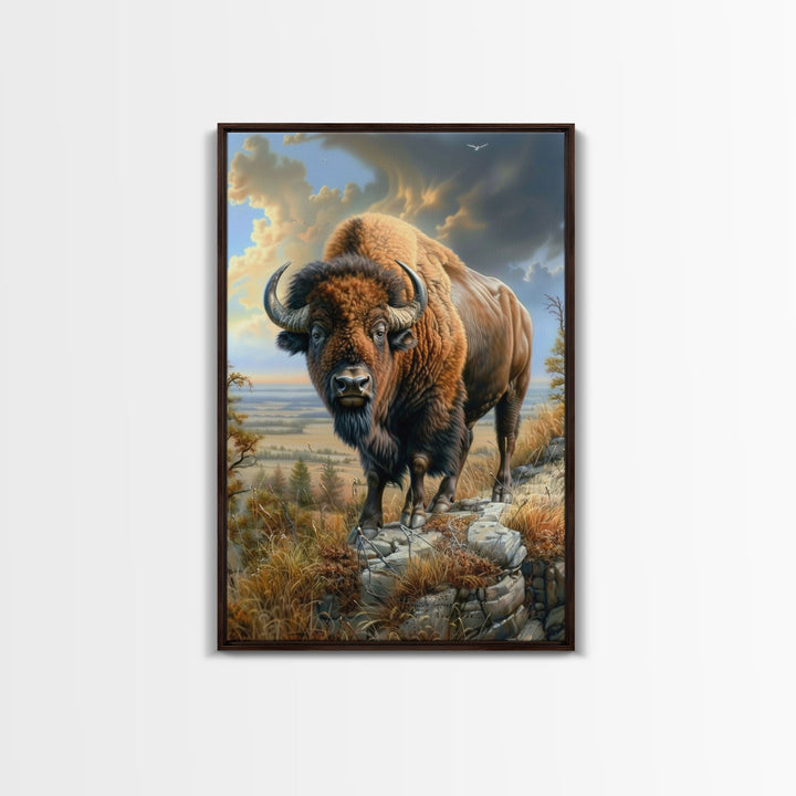 Powerful Bison in Prairie Landscape - Framed Canvas Print, Western Wildlife Wall Art, Bison Decor for Living Room and Bedroom