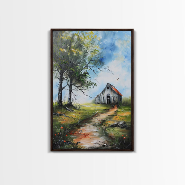 Tranquil Farmhouse with Colorful Flowers - Framed Canvas Print, Country Living Room Decor, Farmhouse Wall Art, Rustic Art Print for Bedroom