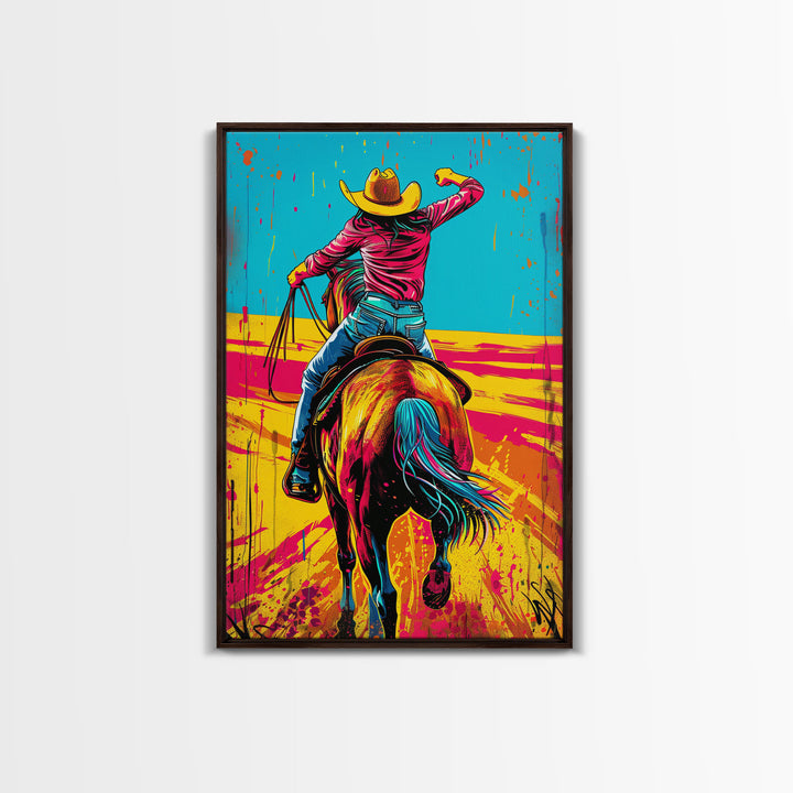 Vibrant Pop Art Cowboy on Horseback in Dynamic Colors - Framed Canvas Print, Western Decor, Cowboy Art for Living Room, Home Wall Art