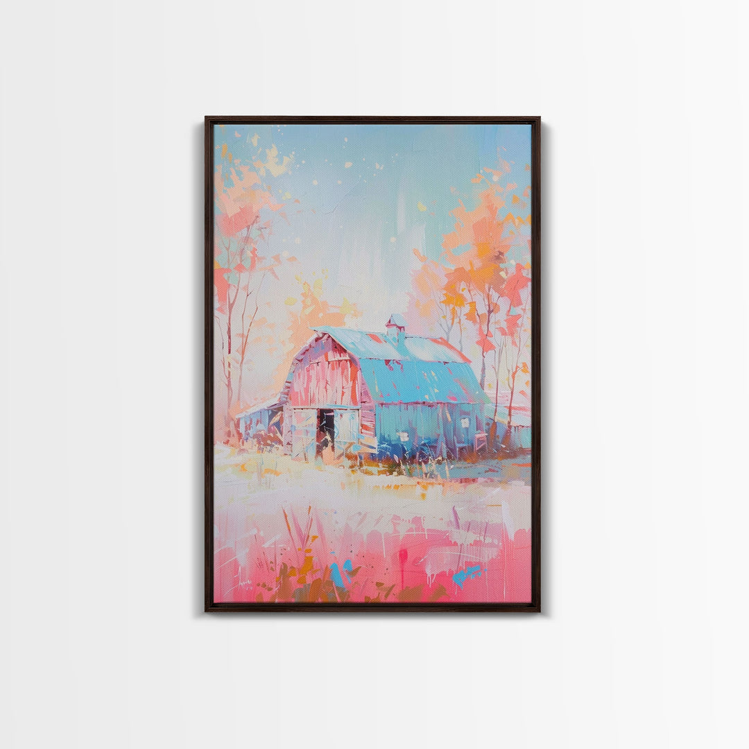 Vintage Pastel Barn with Blue Roof and Trees - Framed Canvas Print, Rustic Farmhouse Decor, Country Art for Home, Bedroom Wall Art