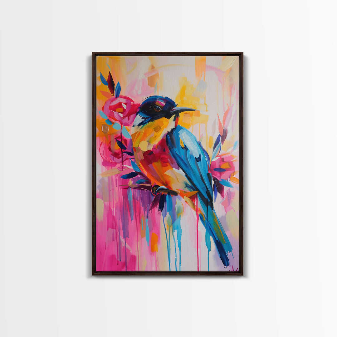 Vibrant Bird and Flowers in Colorful Pop Art Style - Framed Canvas Print Bird Decor, Floral Art for Living Room, Bright Wall Art for Bedroom