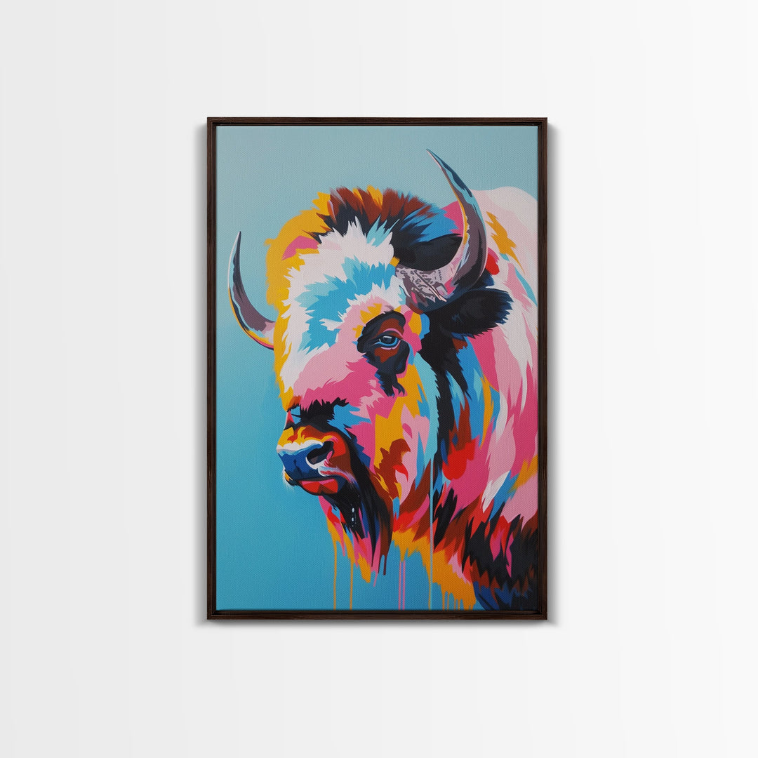 Vibrant Bison Portrait in Colorful Pop Art Style - Framed Canvas Print, Animal Decor, Bison Art for Living Room, Bright Wall Art for Home