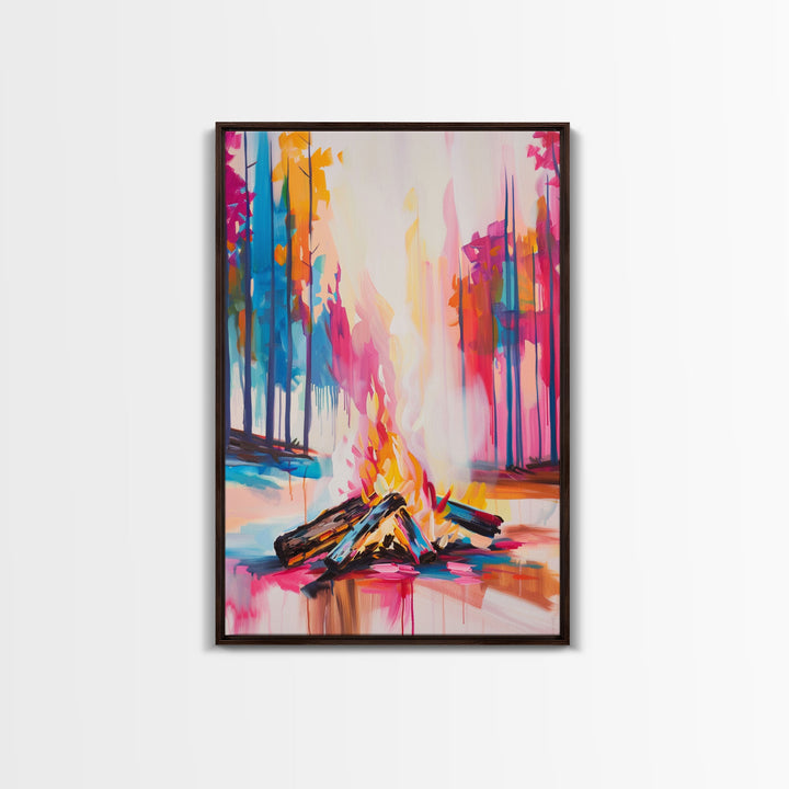 Vibrant Campfire Framed Canvas Print - Colorful Nature Wall Art, Living Room Decor, Modern Artwork, Unique Fire Art for Bedroom and Office