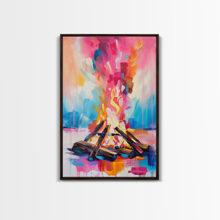 Abstract Campfire Framed Canvas Print - Colorful Fire Wall Art, Living Room Decor, Modern Artwork, Unique Nature Art for Bedroom and Office