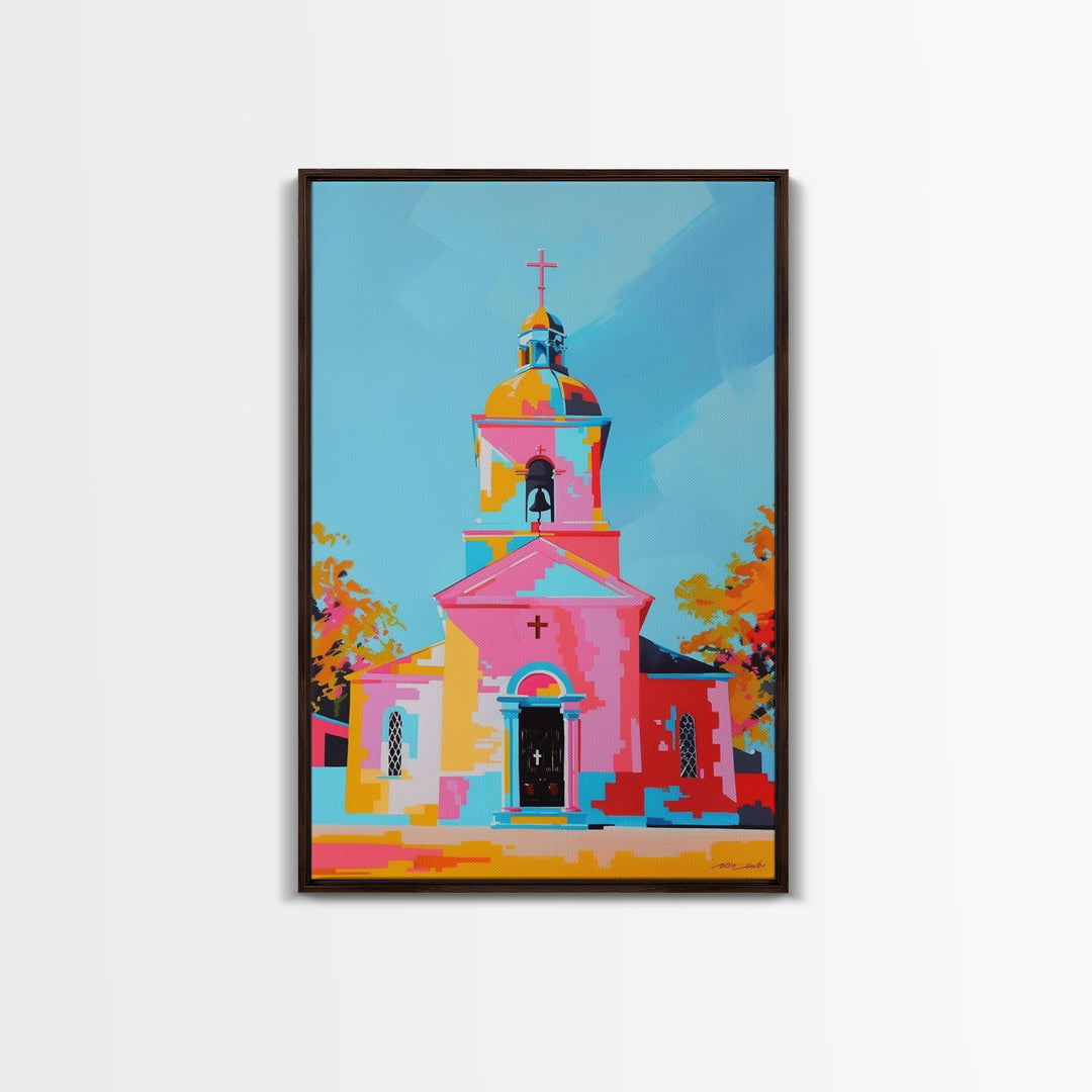 Abstract Church Painting with Bold Colors - Framed Canvas Print, Modern Religious Wall Art, Vibrant Church Decor for Home and Living Room