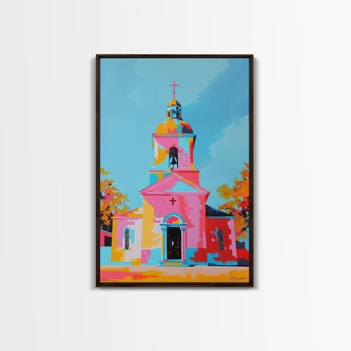 Abstract Church Painting with Bold Colors - Framed Canvas Print, Modern Religious Wall Art, Vibrant Church Decor for Home and Living Room