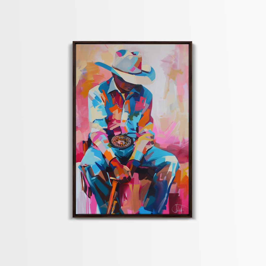 Vibrant Cowboy Portrait in Abstract Colors - Framed Canvas Print, Modern Western Decor, Colorful Cowboy Wall Art for Living Room or Bedroom