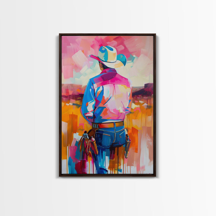 Abstract Cowboy Art in Pastel Hues - Framed Canvas Print, Contemporary Western Decor, Colorful Cowboy Wall Art for Living Room or Bedroom