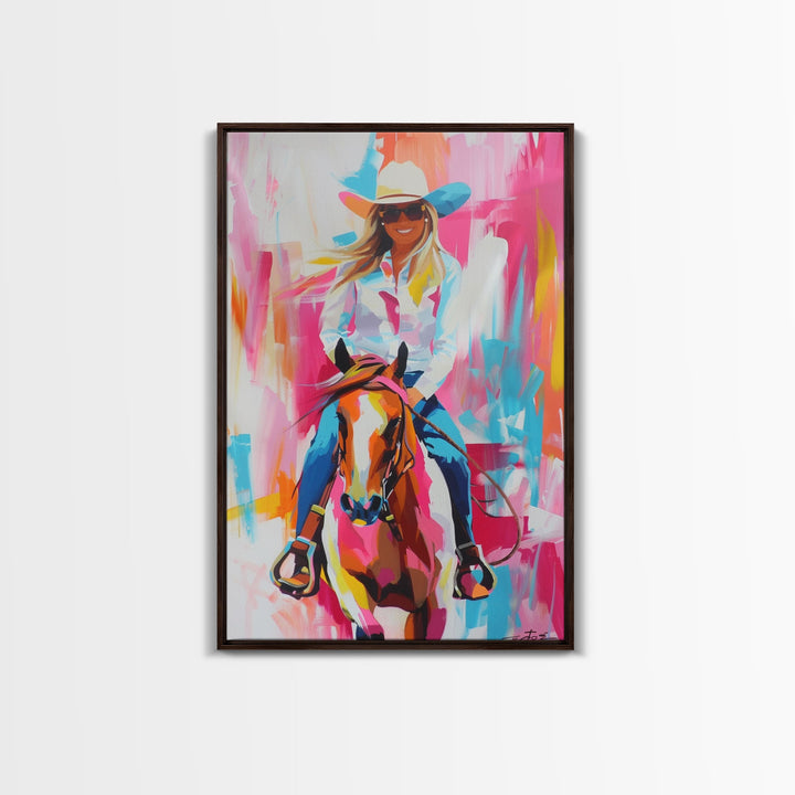 Smiling Cowgirl Riding Horse Art - Framed Canvas Print, Cheerful Living Room Decor, Colorful Western Wall Art, Horse Rider Artwork