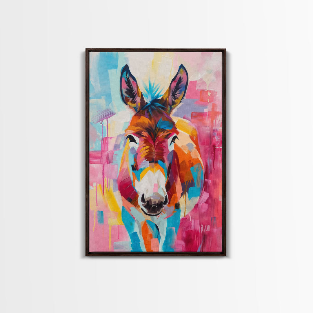 Vibrant Donkey Close-up Art - Framed Canvas Print, Southwestern Decor, Colorful Living Room Wall Art, Modern Animal Portrait